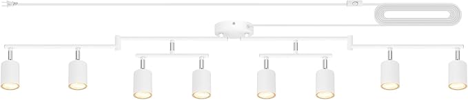 Track Lighting Plug in, LED Track Lighting Fixtures Ceiling Kit, White 8-Light Ceiling Light Plug-in, Wall Light with 15ft Power Cord, Rotatable Kitchen Spotlight for Bedroom(GU10 Socket, NO Bulb)