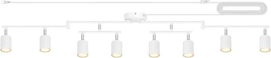Track Lighting Plug in, LED Track Lighting Fixtures Ceiling Kit, White 8-Light Ceiling Light Plug-in, Wall Light with 15ft Power Cord, Rotatable Kitchen Spotlight for Bedroom(GU10 Socket, NO Bulb)