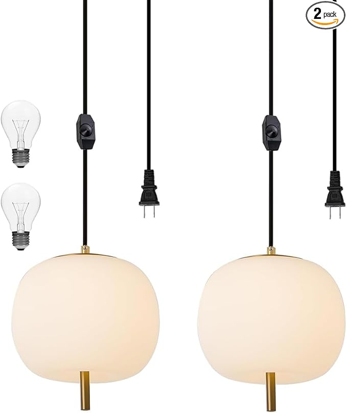 Mid Century Modern Pendant Light Fixture, Milk Glass 7” Globe Hanging Light with Dimmable Switch and Plug in for Kitchen Island Dining Room Bedroom Living Room, 2 Pack, 16ft Bulb Included