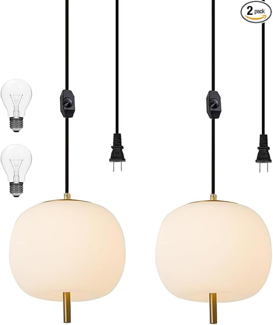 Mid Century Modern Pendant Light Fixture, Milk Glass 7” Globe Hanging Light with Dimmable Switch and Plug in for Kitchen Island Dining Room Bedroom Living Room, 2 Pack, 16ft Bulb Included