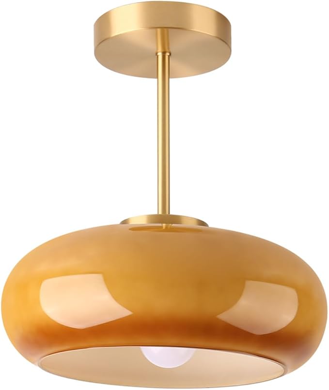 Brass Modern Hallway Ceiling Light - Orange Glass Ceiling Lamp with Dome Shade, Gold Mid Century Semi Flush Mount, Bedroom Entrance Light Fixture