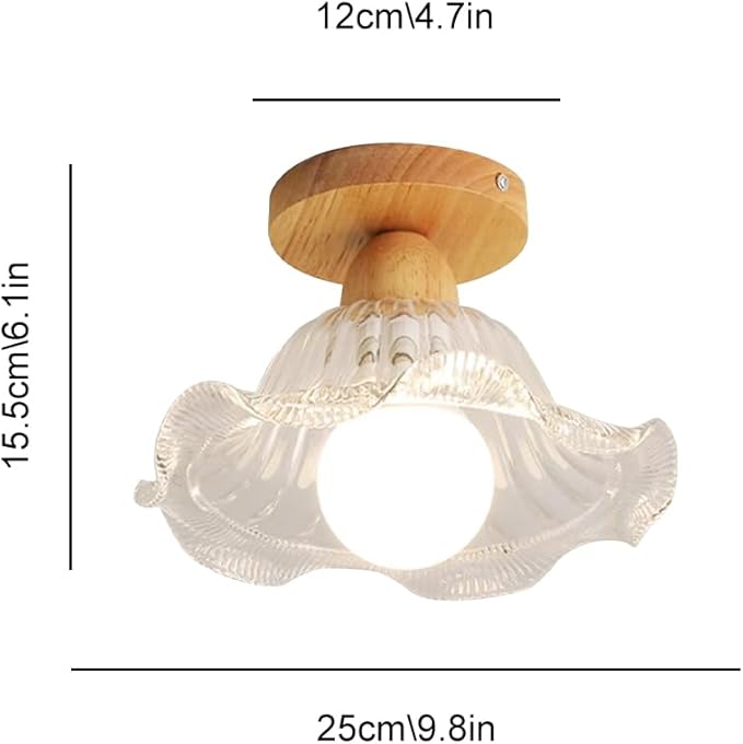 Schoolhouse Light Fixture Wood Ceiling Lamp, Semi Flush Mount Ceiling Light, 12'' Base, Balcony Solid Wood Hanging Light Farmhouse Bedroom Kitchen Hallway Glass Close to Ceiling Lights (D)