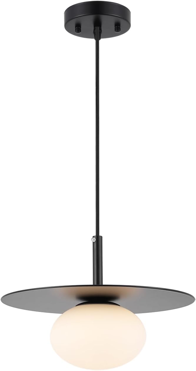 BYOLIIMA Modern Globe Pendant Lighting Milky White Glass Shade Matte Black Farmhouse Pendant Light 11.81" Dome Industrial Mid Century Hanging Ceiling Light Fixture Kitchen Island Dinning Room Bedroom