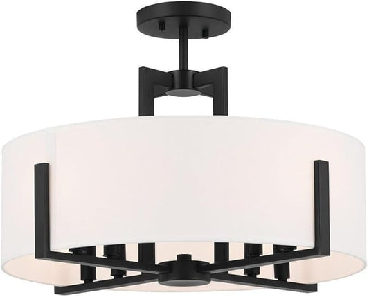 Kichler Malen 20" 8-Light Convertible Semi-Flush with White Fabric Shade in Black, 52592BK