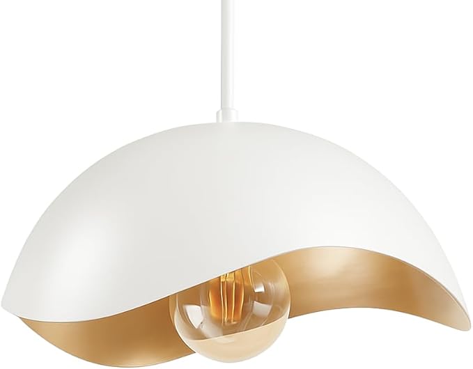 Modern Wave Pendant Light, 11" White and Gold Dome Shade, LED Ceiling Light Fixture with Globe Bulb, Contemporary Hanging Light for Kitchen, Dining Room, Bedroom