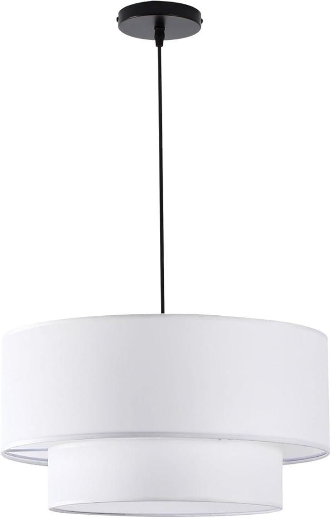 18" Drum Pendant Light Fixture, 3 Light Drum Chandelier with Wihte Fabric Lampshade, 2 Tier Dining Room Light Fixtures over Table, Ceiling Drum Chandeliers for Dining Room, Bedroom and Living Room