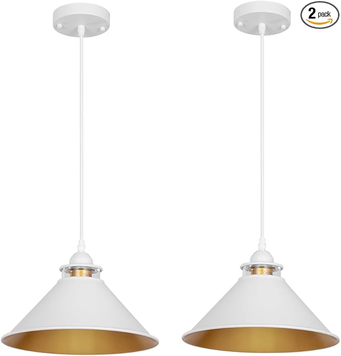 Black Pendant Lights Kitchen Island 2 Pack, Dome Pendant Light Fixtures, Farmhouse Pendant Light, Modern Pendant Lights for Kitchen Island Dining Room Bedroom Study (2, White)