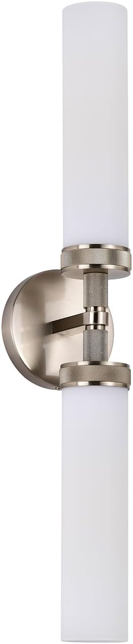 LaLuLa Brushed Nickel Vanity Lights – 2-Light Hardwired Bathroom Light Fixtures with White Glass Shades and Textured Metal Body, Chrome Wall Sconces for Over Mirror or Hallway
