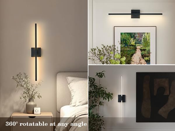 KARTOOSH 28.3 Inch Battery Operated Wireless Wall Sconce, 360° Rotatable Detachable Modern Wall Lamp with Remote Control Stepless Dimmable 3000K-6000K LED Light for Bedroom, Living Room Gallery Black