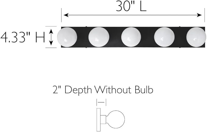 Design House Vanity Lights, 5 Linear Lights, Dimmable, Horizontal or Vertical Use, Uses (5) 60W Bulbs, for Bathroom/Makeup Vanity, Matte Black, 30.0 in. W x 2.0 in. H x 4.3 in. D, 588582-BLK