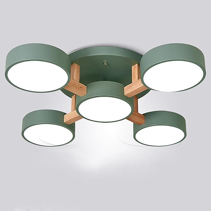 LED Ceiling Light Fixture,32 Inch 5-Lights Modern Ceiling Lights Flush Mount Wooden 55W Chandelier for Living Room Bedroom Kitchen,Dimmable 3000K/4000K/6000K Temperatures Selectable, Green