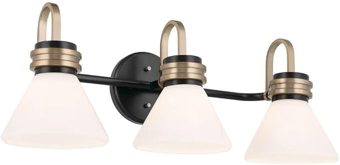 Kichler Farum 26 in 3-Light Bathroom Vanity Light Fixture with Opal Glass in Black with Champagne Bronze Accents for Modern Bathrooms and Powder Rooms (26 in W x 9.5 in H x 9.5 in D) 55155BK