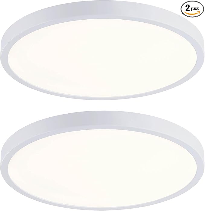 14 Inch LED Flush Mount Ceiling Light, Slim Dimmable Ceiling Light for Kitchen, Bedroom, Metal and Glass, Low Ceiling, White, 26W, 3000K, 2 Pack