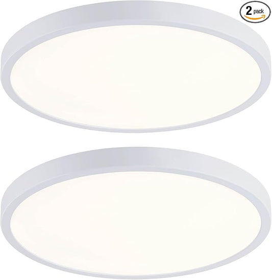 14 Inch LED Flush Mount Ceiling Light, Slim Dimmable Ceiling Light for Kitchen, Bedroom, Metal and Glass, Low Ceiling, White, 26W, 3000K, 2 Pack