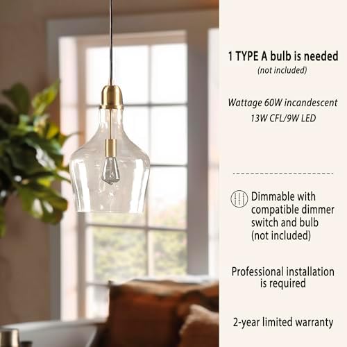 Ink+Ivy Auburn Pendant Kitchen Lighting for Dining Room, Industrial Lights, Hand-Blown Glass Bell Shaped Pendant Light for Kitchen Island, Foyer, Bedroom, 13" Dia x 95.5" H, Gold/Clear