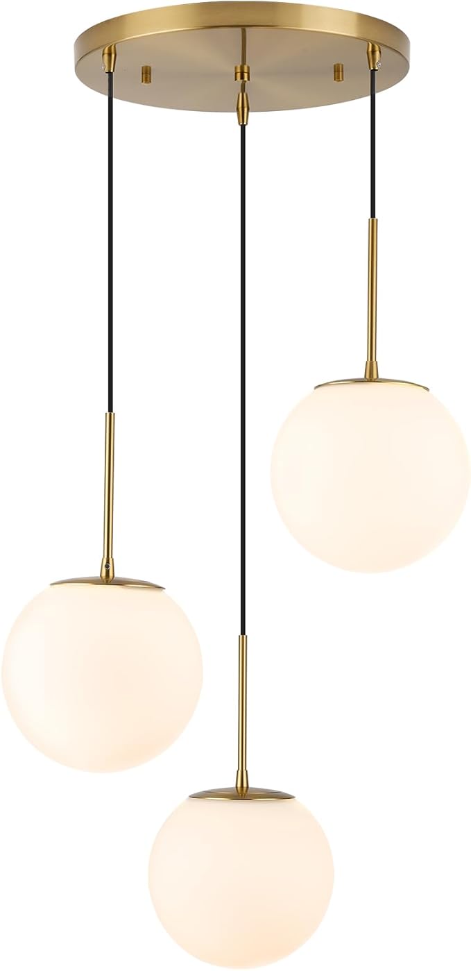 3-Light Cluster Pendant Lights, Mid Century Modern Globe Cluster Chandelier with Milk Glass, Brass Gold Pendant Lighting for Kitchen Island, Staircase, Dining Room, Living Room