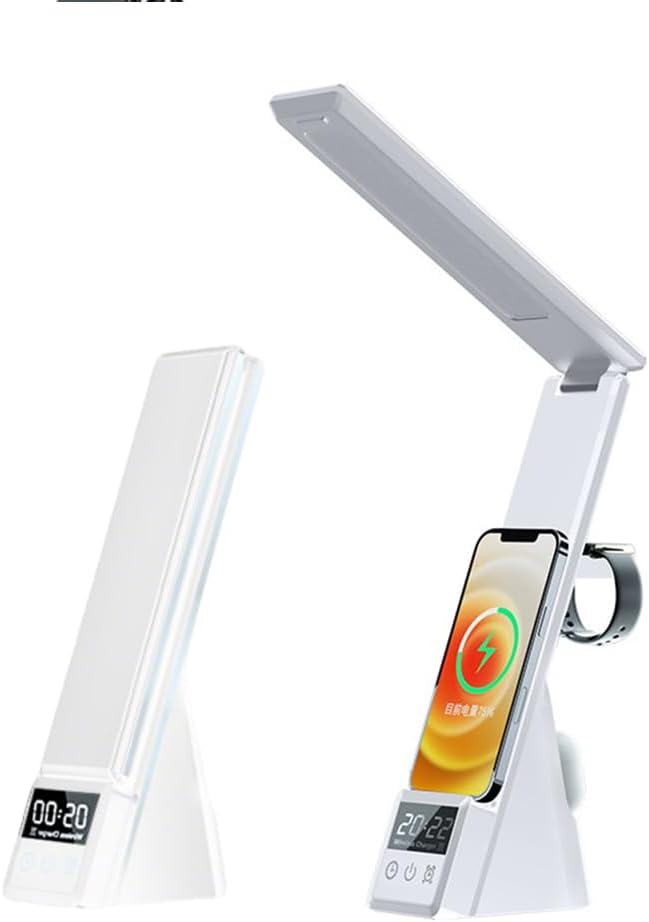 IHAO 6in1 Multifunctional Foldable LED Table Lamp with Wireless Charger Digital Alarm Clock Eye-Care Lighting 3 Color Modes 15W Qi Charger for Phone/Headphones, iWatch Charger Compatible-N61 White