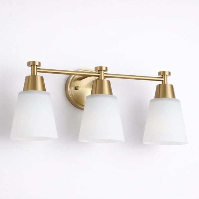 3-Light Bathroom Vanity Light, Gold Finish with Milk Glass Shades, Over Mirror, for Bathroom Vanity