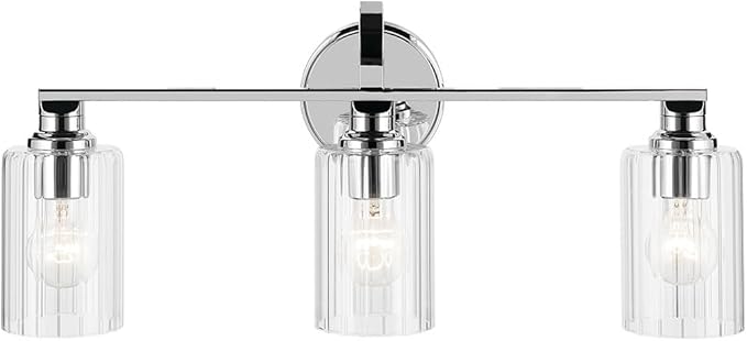 Kichler Gioe 24.25" 3-Light Bathroom Vanity Light Fixture with Clear Fluted Glass in Chrome, Damp Rated for Bathroom Over Mirror, Modern Style (24.25" W x 10.5" H), 55226CHFLU