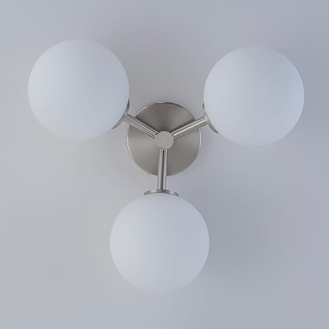Brushed Nickel Semi Flush Mount Ceiling Light Fixture, 3 Light Milk Glass Globe Mid Century Modern Light Fixtures for Bedroom,Entryway,Hallway,Living Room,Kitchen,Dining Room