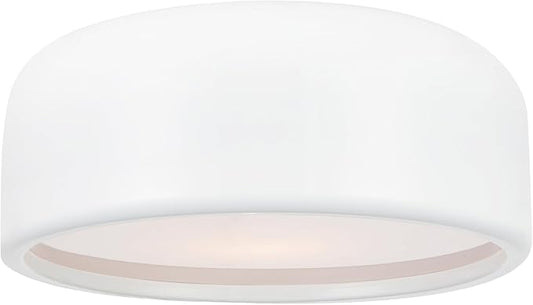 CWI Lighting 14" White Flush Mount Light for Hallway, Bedroom – 2-Light Drum Shade Design with E26 Bulb Base – LED Compatible, Soft Diffused Glow – BACL Certified