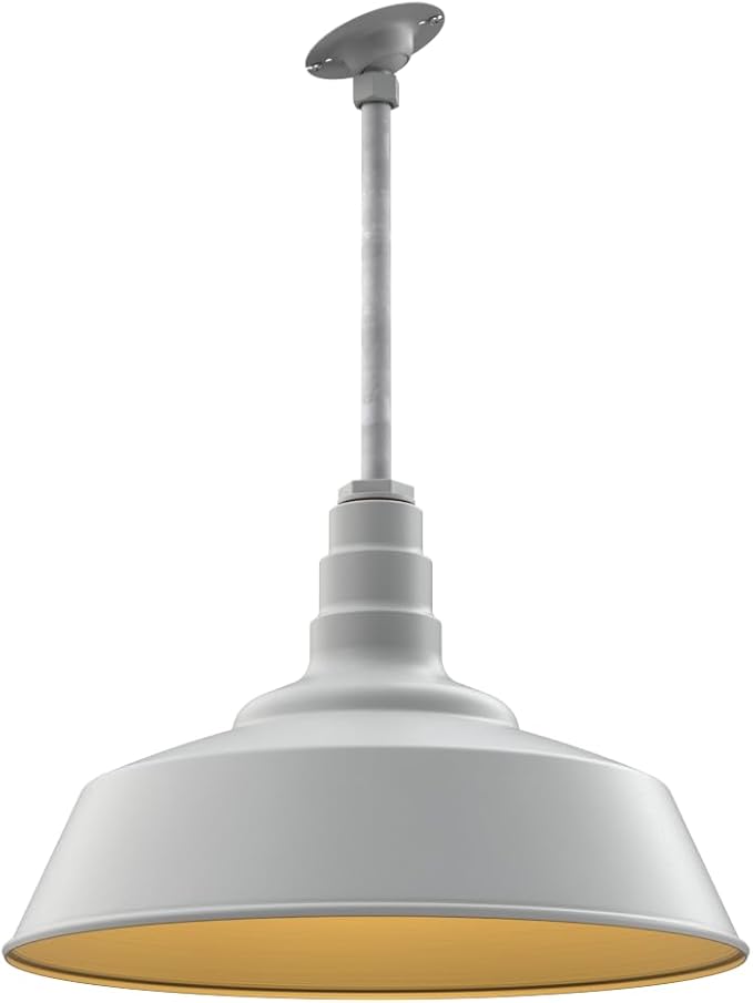 Steel Lighting Co. Manhattan Warehouse Light | Ceiling Mounted Pendant | 20 inch Dome | 12" Sloped Stem | Large Steel Barn Light Made in America | Modern Gray Exterior/Brass Interior
