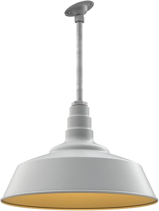Steel Lighting Co. Manhattan Warehouse Light | Ceiling Mounted Pendant | 20 inch Dome | 12" Sloped Stem | Large Steel Barn Light Made in America | Modern Gray Exterior/Brass Interior