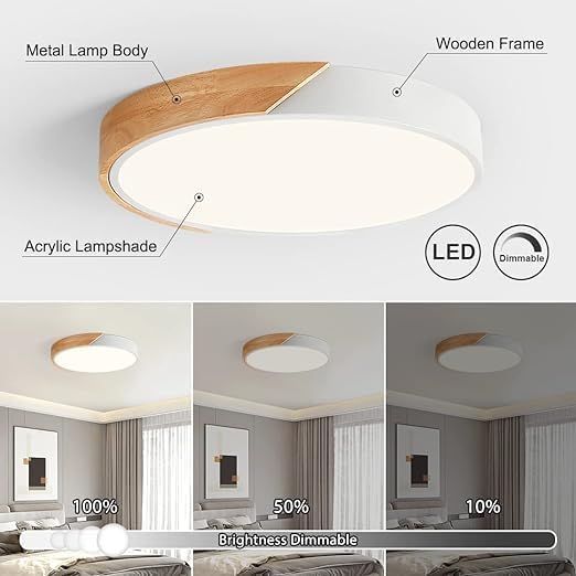 Vikaey Modern Dimmable Wood Ceiling Light, Minimalist LED 5CCT 2700K-6000K Flush Mount Ceiling Light Fixture, Round Lighting Lamp for Bedroom Living Room Dining Room Laundry, White, 15.8"