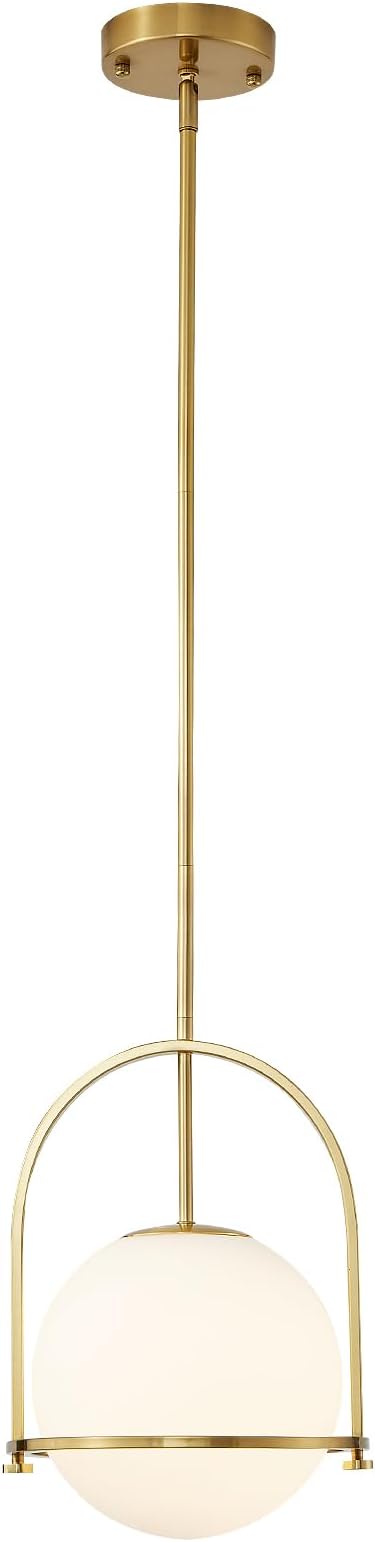 youngrender Modern Gold Schoolhouse Pendant Light Fixture, 6" Gold Globe Pendant Lighting with Hanging Adjustable Height, One Light Milk Glass Chandelier for Kitchen Island Dining Room Hallway