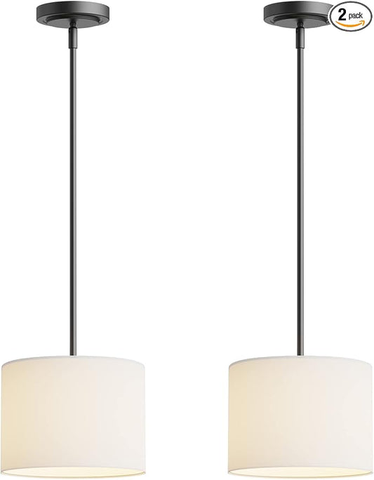 Electro bp;9" Dia White Linen Drum Shade Hanging Pendant Light Fixture with Black Pole Kit,E26,Hardwired,2-Pack;