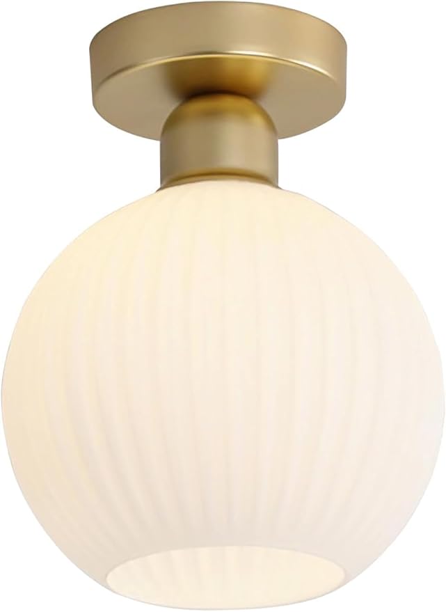 KCO Lighting Small Antique Brass Flush Mount Ceiling Light White Ribbed Glass Ceiling Fixture Mid Century Modern Semi Flush Mount Milk Glass Globe Light