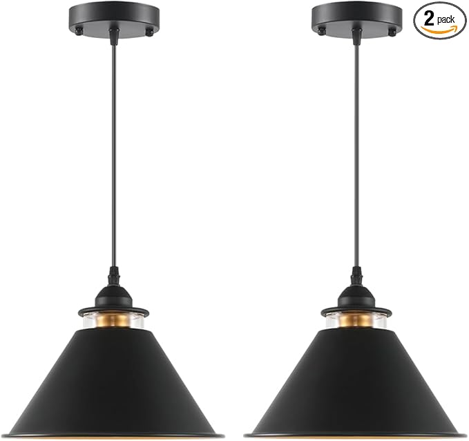 Black Pendant Lights Kitchen Island 2 Pack, Dome Pendant Light Fixtures, Farmhouse Pendant Light, Modern Pendant Lights for Kitchen Island Dining Room Bedroom Study (2, Black)