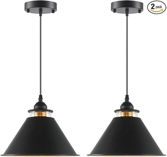 Black Pendant Lights Kitchen Island 2 Pack, Dome Pendant Light Fixtures, Farmhouse Pendant Light, Modern Pendant Lights for Kitchen Island Dining Room Bedroom Study (2, Black)