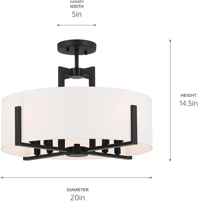 Kichler Malen 20" 8-Light Convertible Semi-Flush with White Fabric Shade in Black, 52592BK