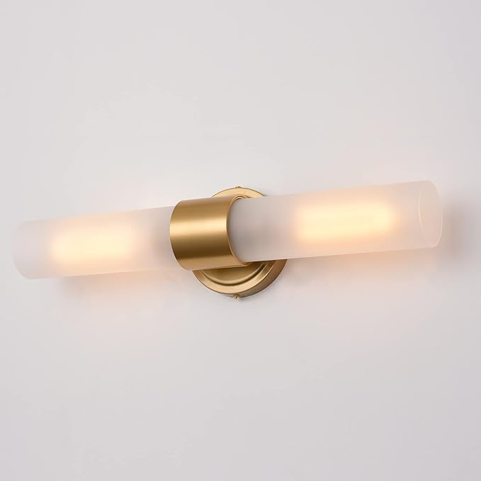DAYCENT Gold Bathroom Light Fixtures 2-Light Frosted Glass Wall Sconce Modern Brass Glass Wall Light Fixtures Cylinder Vanity Lights Bedside Mirror Lighting for Hallway Bedroom, 20" H