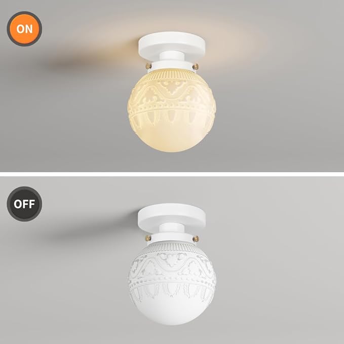 Semi Flush Mount Ceiling Light, White Hallway Light Fixture, Vintage Ceiling Lighting Fixture with Milky Glass, Globe Glass Close to Ceiling Light, Indoor Hanging Lighting for Bedroom Kitchen Porch