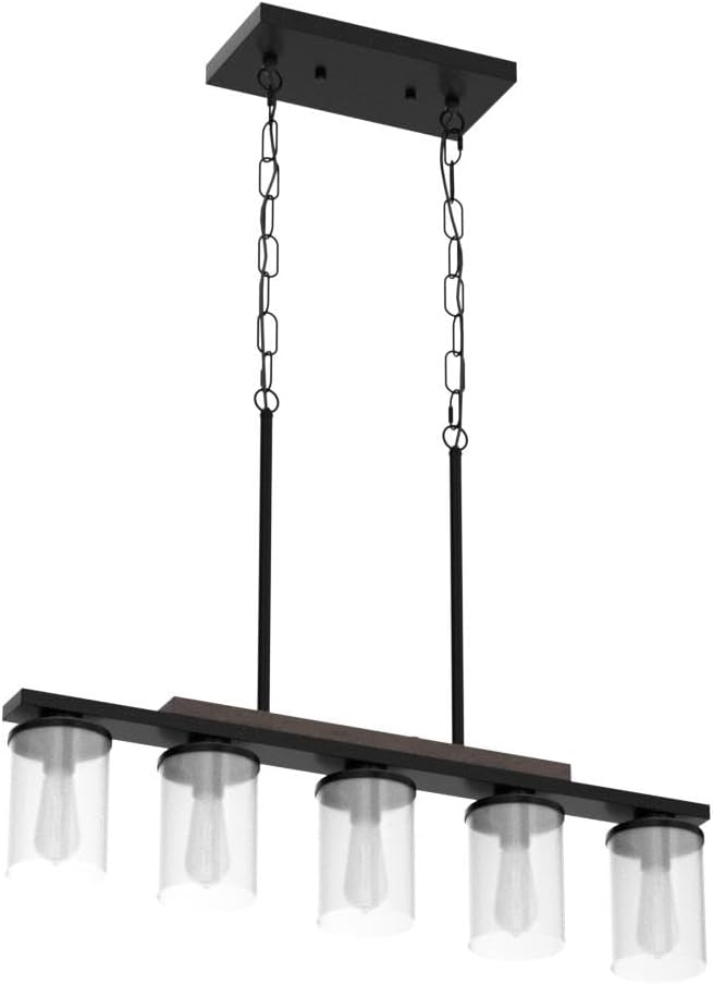 Farmhouse Dining Room Light Fixture, 2026 Upgrade 5-Light Pendant Lights Kitchen Island Lighting, 32.4" Black Farmhouse Chandeliers for Dining Room Chandelier Over Table with Wood Clear Glass Shade