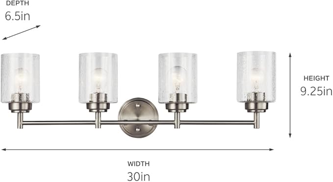 Kichler Winslow 30" Vanity Light in Brushed Nickel, 4-Light Transitional Bathroom Light with Clear Seeded Glass. (30" W x 9.25" H), 45887NI