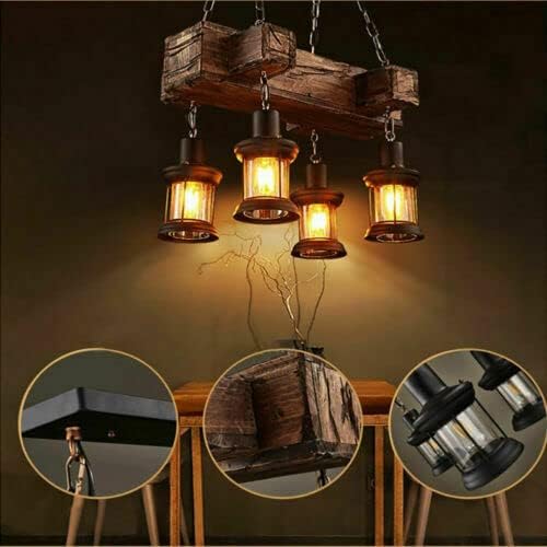 4 Lights Rustic Wood Chandelier, Industrial Vintage Wooden Ceiling Lamp Hanging Pendant Light Retro Suspension Lighting Fixture for Living Dining Room Bedroom Kitchen Restaurant Coffee Shop