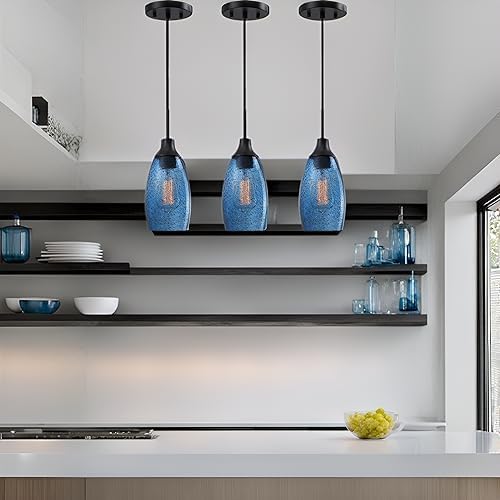 Viinew Mini Glass Pendant Light 1-Pack Handblown Clear Dark Blue Seeded Glass Shade Adjustable Cord Ceiling Light Fixture for Kitchen Island Sink 4.72"