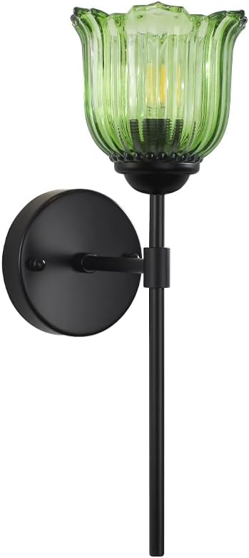 Farmhouse Wall Sconces, Black Wall Light with Green Glass Flower Shade, Hardwired Wall Mount Light Fixtures for Living Room, Bathroom, Bedroom, Hallway