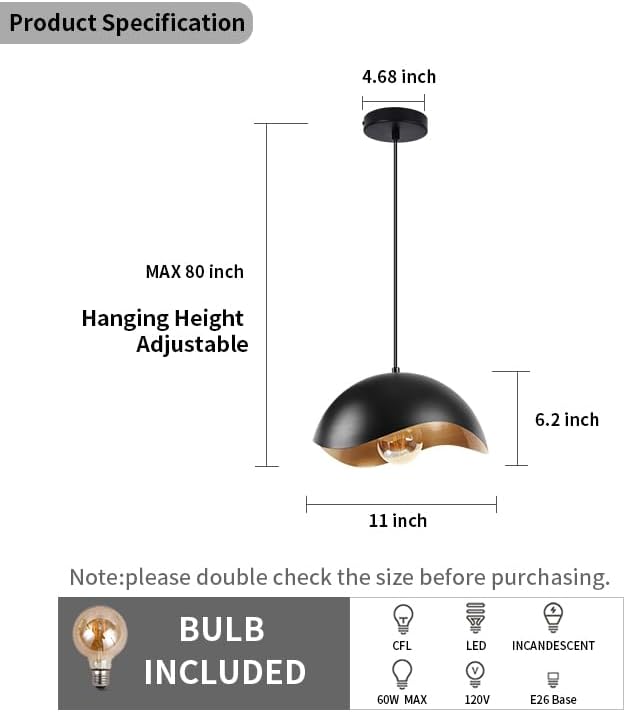 Modern Wave Pendant Light, 11" Black and Gold Dome Shade, LED Ceiling Light Fixture with Globe Bulb, Contemporary Hanging Light for Kitchen, Dining Room, Bedroom (2 Pack)