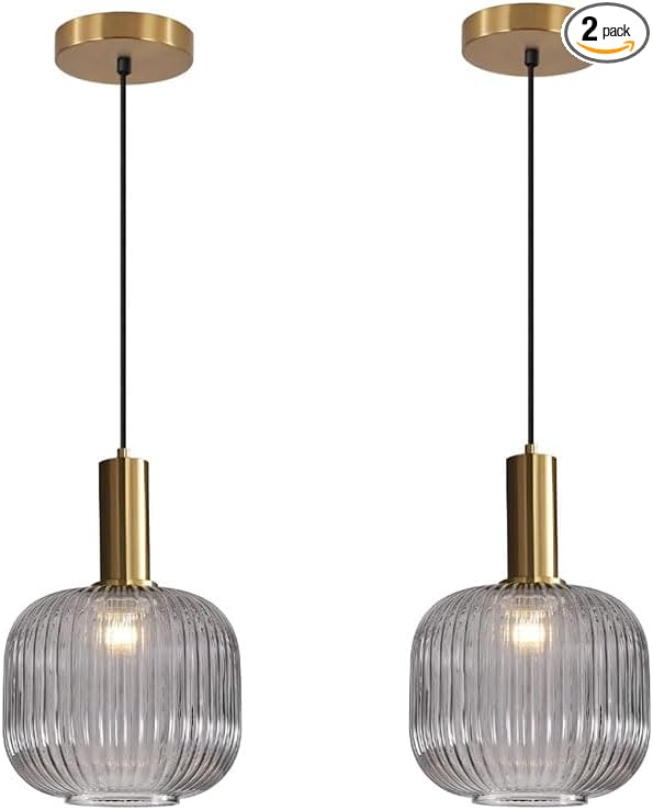 BOKT Modern Smoke Gray Glass Pendant Light 2-Pack Kitchen Island Globe Striped Pendant Lights Farmhouse Adjustable Cord Hanging Light Fixture for Dining Room