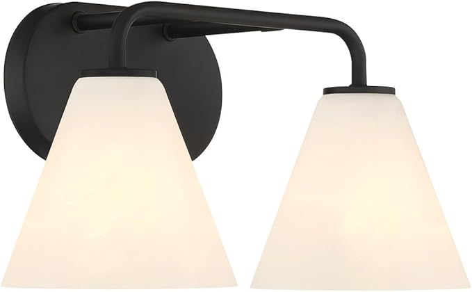 Savoy House 8-2988-2-BK Blair Traditional Vintage White Strie Glass Bathroom Vanity Wall Light, 2-Light 120 Total Watts, 8" H x 16" W, Matte Black
