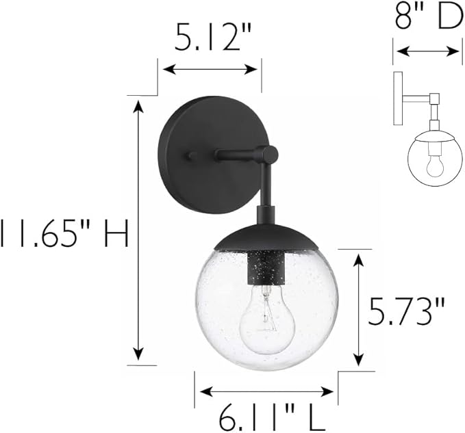 Design House Gracelyn 1-Light Dimmable Wall Sconce, Clear Seedy Glass Globe, Matte Black, 588871-BLK