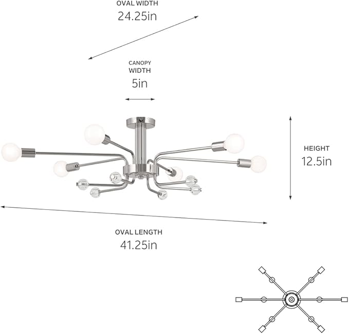 KICHLER Ocala 52602PN Flush Mount 6-Light 41.25˝ with Clear Crystal in Polished Nickel