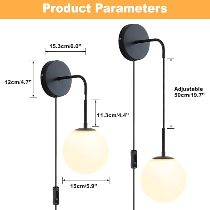 KUZZULL Wall Sconces Set of Two Plug in Wall Sconces Matte Black Wall Lamp with Plug in Cord and Switch Hanging Indoor Wall Mounted Lights with Globe Glass Shade Plug in Sconces Wall Decor Set of 2
