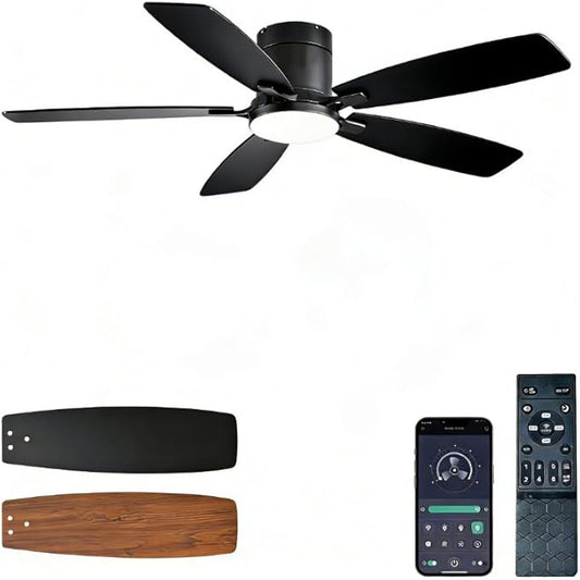 Ayaoty Ceiling Fans with Lights, 52 inch Low Profile Ceiling Fan with Light and Remote Control, Flush Mount, LED Dimmable DC Reversible Modern Ceiling Fan for Bedroom