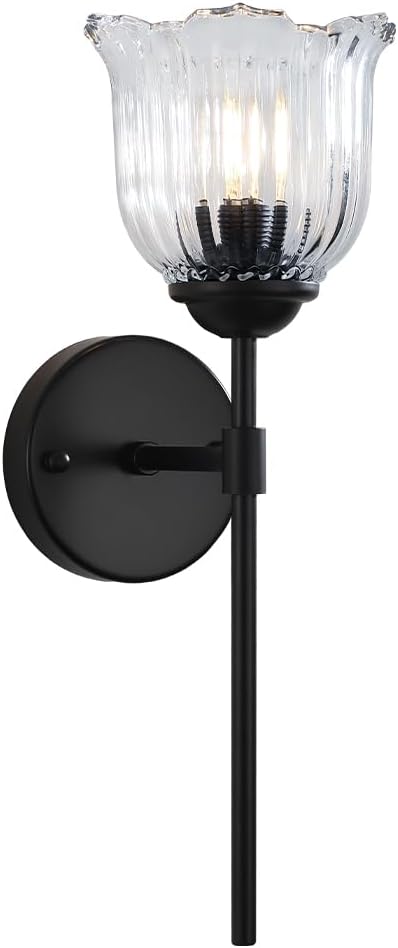 Black Wall Sconces 1-Light, Modern Wall Sconce with Clear Glass Flower Shade, Hardwired Wall Mount Light Fixtures for Living Room Bathroom, Bedroom, Hallway