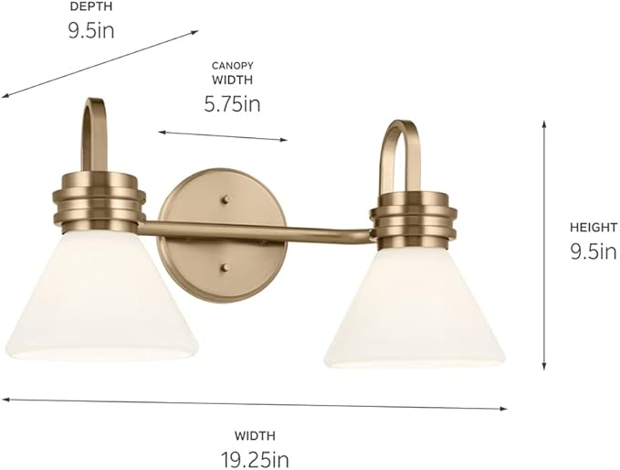 Kichler Farum 2-Light Bathroom Vanity Light Fixture with Opal Glass Shades in Champagne Bronze, Modern Wall Mount Over Mirror for Powder Room (19.25" W x 9.5" H), 55154CPZ